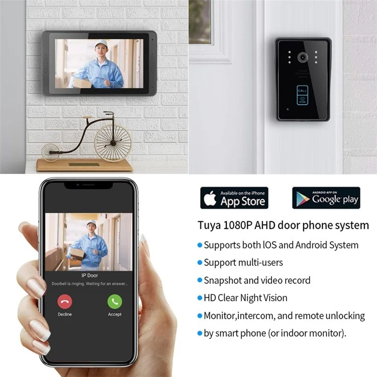702MJID11 7-inch Monitor Tuya App WiFi Doorbell RFID Card Unlock 1080P Visual Doorbell, US Plug