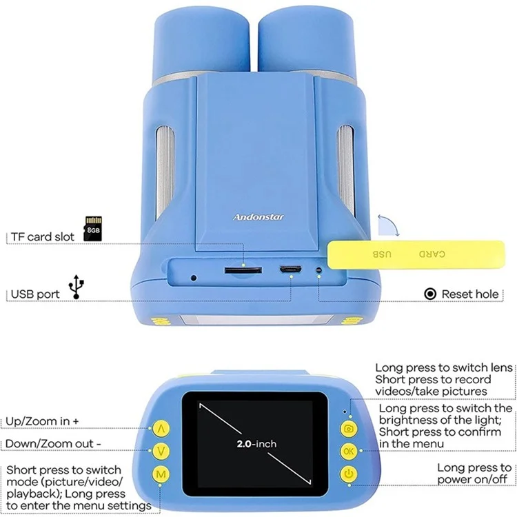 ANDONSTAR AD122 Kids Microscope Telescope 2 inch Digital Camera Handheld Microscope Binoculars - Blue
