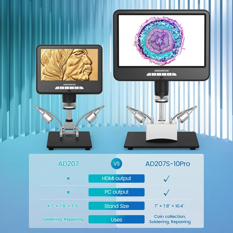 ANDONSTAR AD207S-10 Pro Digital Microscope Endoscope 26cm 10 inch Dual Lens Soldering Microscope Inspection Camera - US Plug