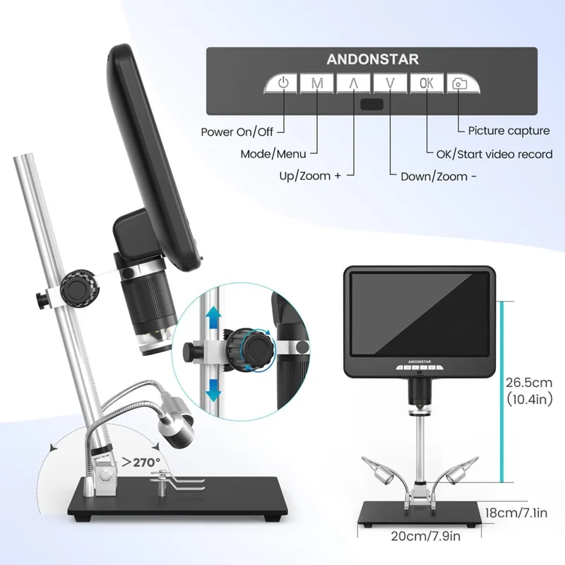 ANDONSTAR AD207S-10 Pro Digital Microscope Endoscope 26cm 10 inch Dual Lens Soldering Microscope Inspection Camera - US Plug