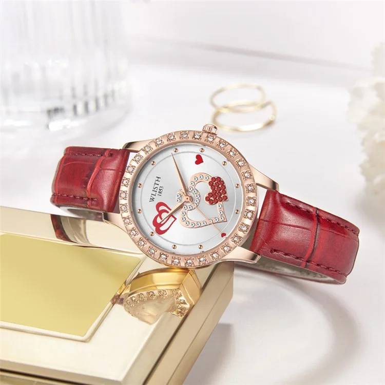 WLISTH S517 Relógio de Quartzo com Decoração de Strass para Mulheres - Vermelho