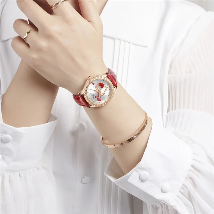 WLISTH S517 Relógio de Quartzo com Decoração de Strass para Mulheres - Vermelho