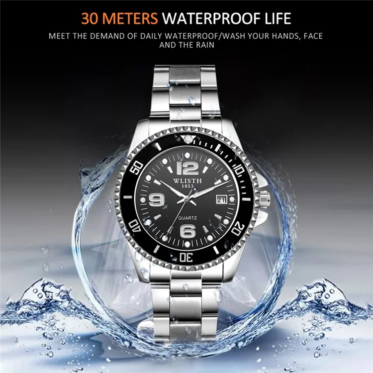 WLISTH S510 Luminous Men's Sports Quartz Watch Waterproof Wrist Bracelet - Steel Strap / White