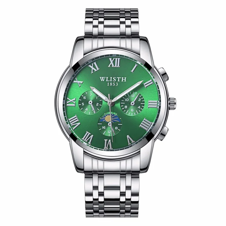Relógio Quartz Luminoso WLISTH S509 para Homens de Negócios com 3 Pequenos Mostradores Decorativos - Caixa Prateada + Mostrador Verde + Pulseira de Aço