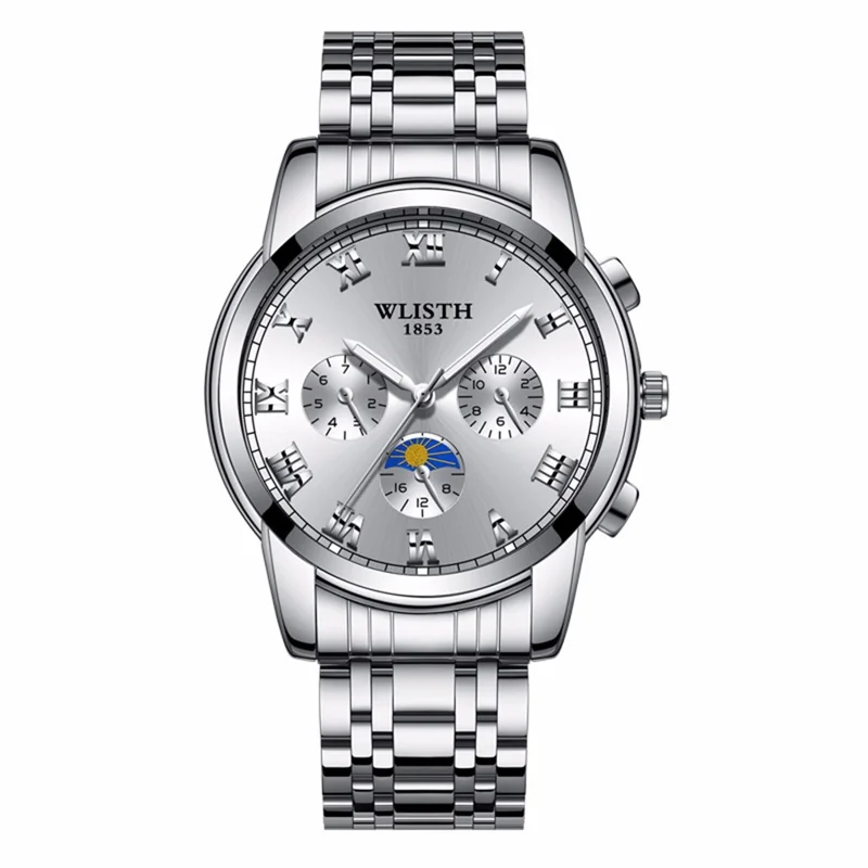 WLISTH S509 Business Men Luminous Quartz Watch with 3 Decorative Small Dials - Silver Case+White Dial+Steel Strap