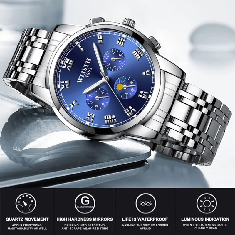 WLISTH S509 Business Men Luminous Quartz Watch with 3 Decorative Small Dials - Silver Case+White Dial+Steel Strap