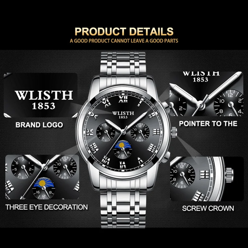 WLISTH S509 Business Men Luminous Quartz Watch with 3 Decorative Small Dials - Silver Case+White Dial+Steel Strap