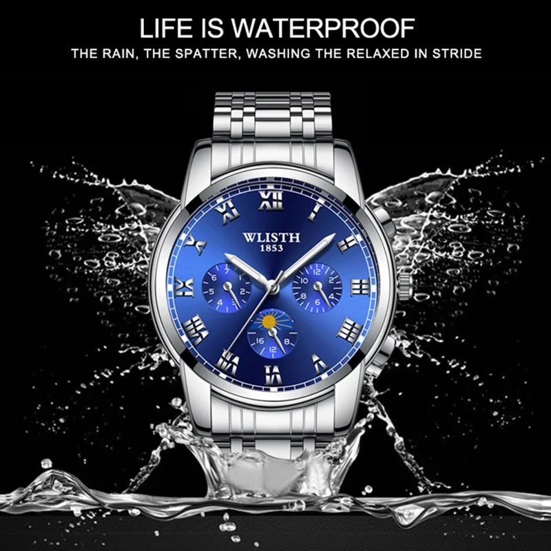 WLISTH S509 Business Men Luminous Quartz Watch with 3 Decorative Small Dials - Black Case+White Dial+Steel Strap