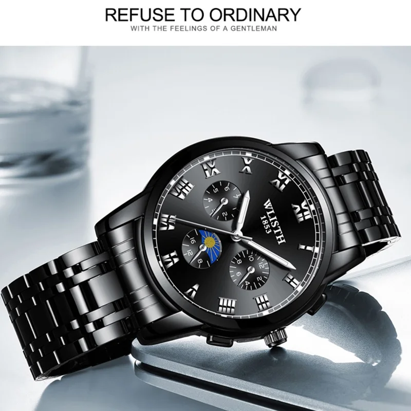 WLISTH S509 Business Men Luminous Quartz Watch with 3 Decorative Small Dials - Black Case+White Dial+Steel Strap