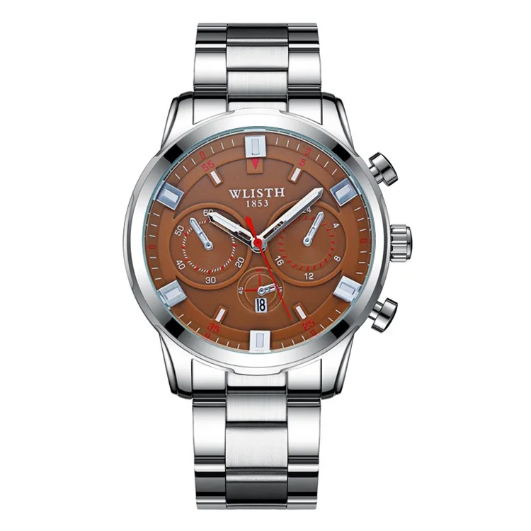 WLISTH S508 Relógio Quartz Luminoso com 3 Mostradores Decorativos Masculino - Caixa Prateada+Mostrador Marrom+Pulseira de Aço