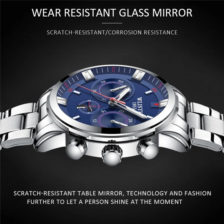 WLISTH S508 Men Calendar Luminous Quartz Watch with 3 Decorative Dials - Silver Case+Brown Dial+Steel Strap