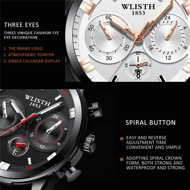 WLISTH S508 Men Calendar Luminous Quartz Watch with 3 Decorative Dials - Silver Case+Brown Dial+Steel Strap