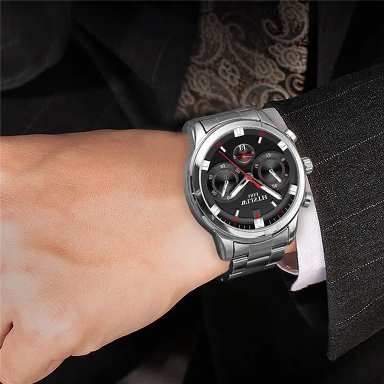 WLISTH S508 Relógio Quartz Luminoso com 3 Mostradores Decorativos Masculino - Caixa Prateada+Mostrador Marrom+Pulseira de Aço