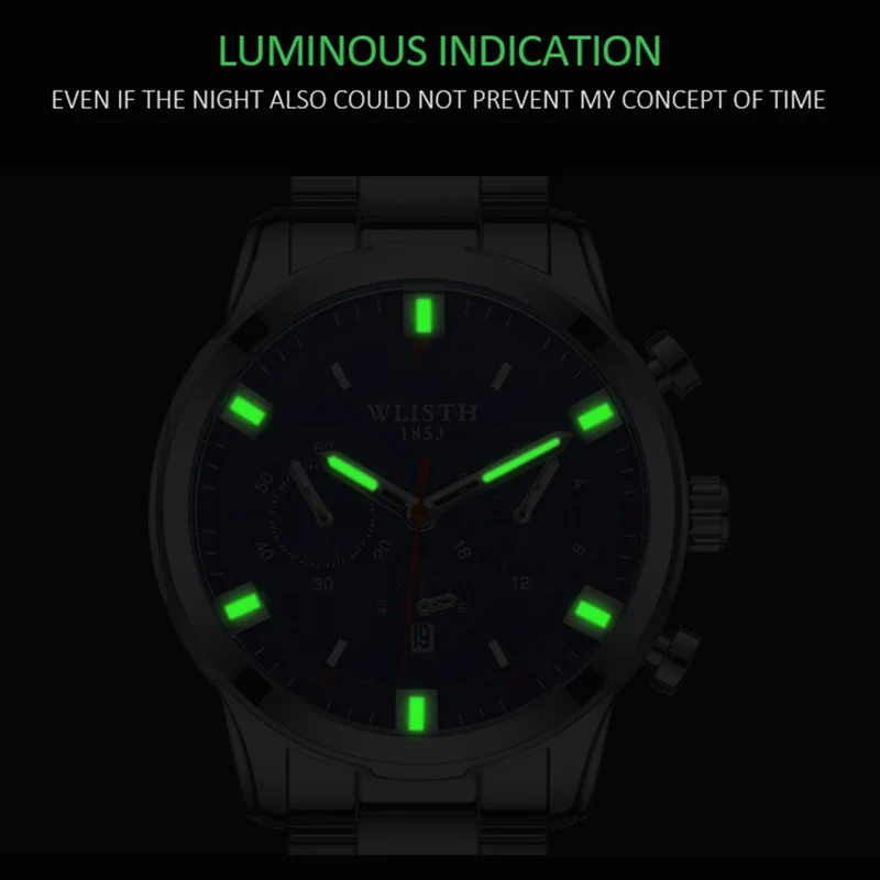 WLISTH S508 Reloj de pulsera con calendario luminoso de cuarzo para hombre con 3 esferas decorativas - Caja de plata + Esfera azul + Correa de acero