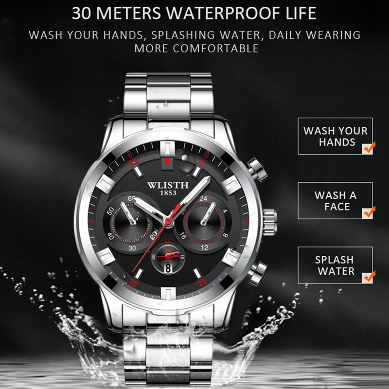 WLISTH S508 Reloj de pulsera con calendario luminoso de cuarzo para hombre con 3 esferas decorativas - Caja de plata + Esfera azul + Correa de acero