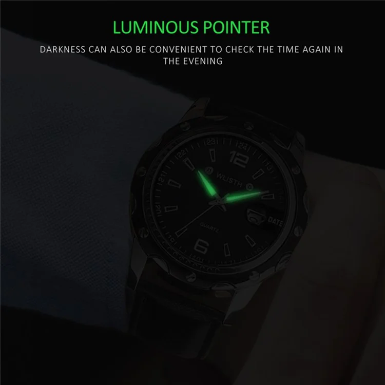 Wlisth S504 Homens de Negócios Date Exibir Luminoso Relógio de Pulso de Quartzo Analógico Luminoso - Dial Preto+alça de Aço