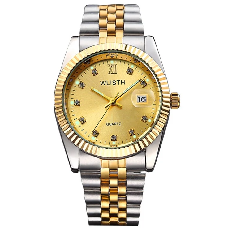 Relógio de Quartzo WLISTH Q354 com Exibição de Calendário Luminoso para Casal com Pulseira de Aço - Pulseira de Cor Dourada+Mostrador Dourado / Masculino