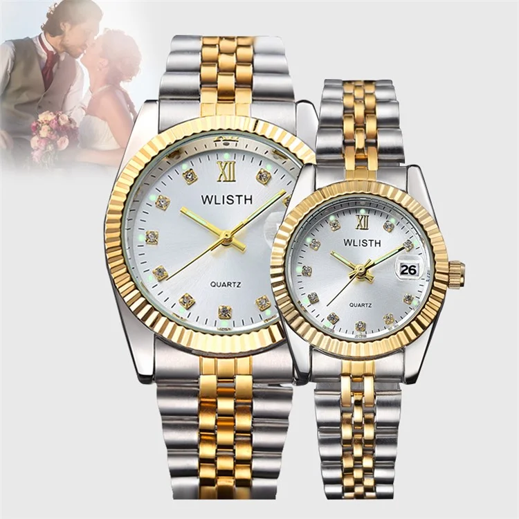 Relógio de Quartzo WLISTH Q354 com Exibição de Calendário Luminoso para Casal com Pulseira de Aço - Pulseira de Cor Dourada+Mostrador Dourado / Masculino