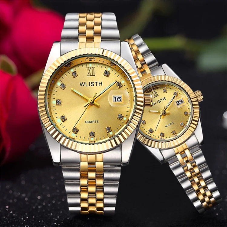 Relógio de Quartzo WLISTH Q354 com Exibição de Calendário Luminoso para Casal com Pulseira de Aço - Pulseira de Cor Dourada+Mostrador Dourado / Masculino