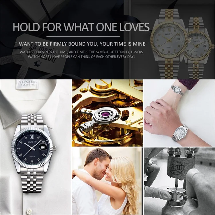 Relógio de Quartzo WLISTH Q354 com Exibição de Calendário Luminoso para Casal com Pulseira de Aço - Pulseira de Cor Dourada+Mostrador Dourado / Masculino