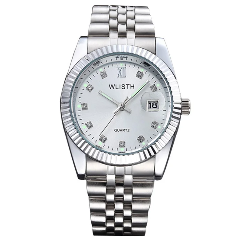 WLISTH Q354 Calendar Display Luminous Couple Quartz Watch with Steel Strap - Silver Strap+White Dial / Men