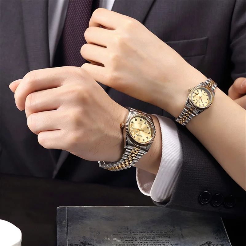 WLISTH Q354 Calendar Display Luminous Couple Quartz Watch with Steel Strap - Silver Strap+White Dial / Men
