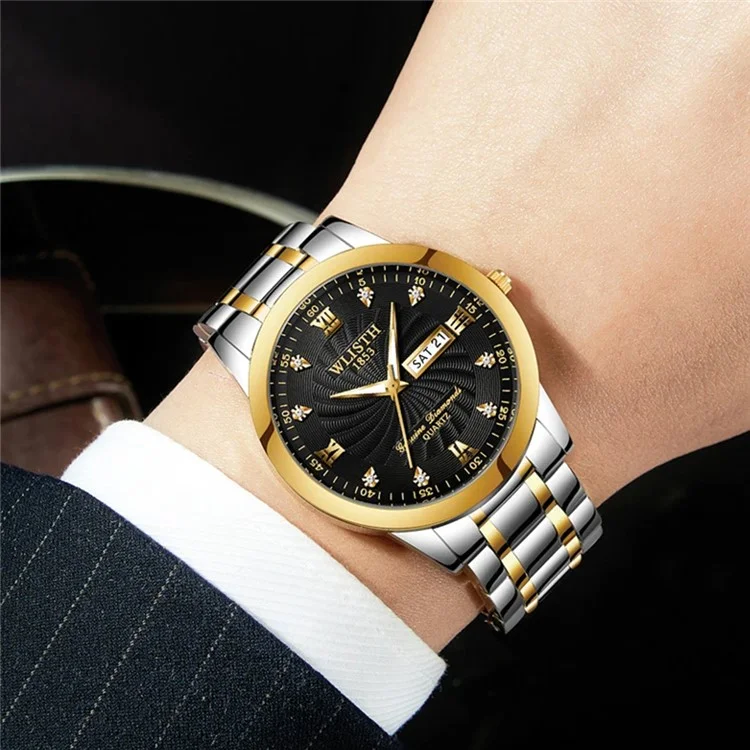 WLISTH Q351 Luminous Quartz Watch Bracelet with Calendar+Week Display - Black / For Men