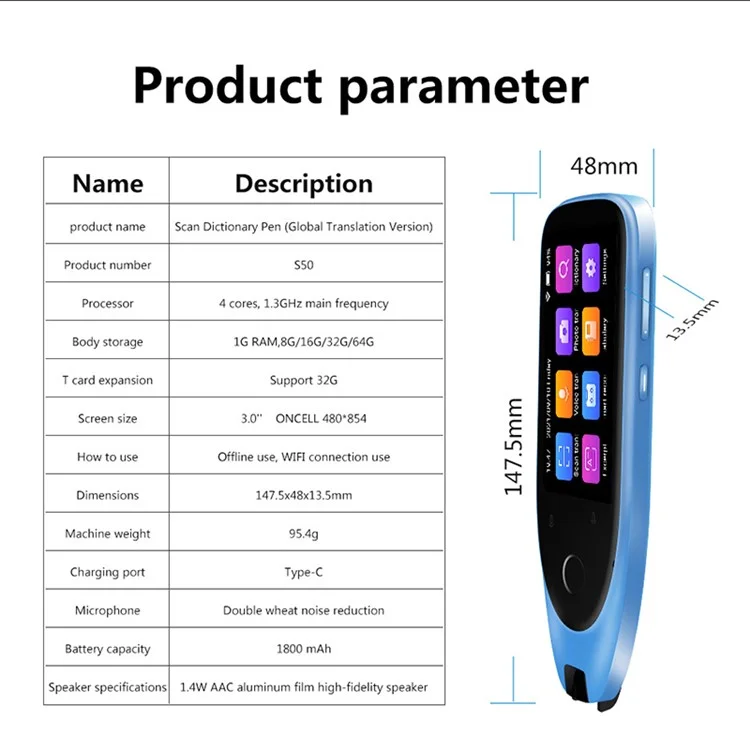 S50 112 Langues 3,0 Pouces Scan Dictionary Pen Scanning Traductor (Global Traduction Version)