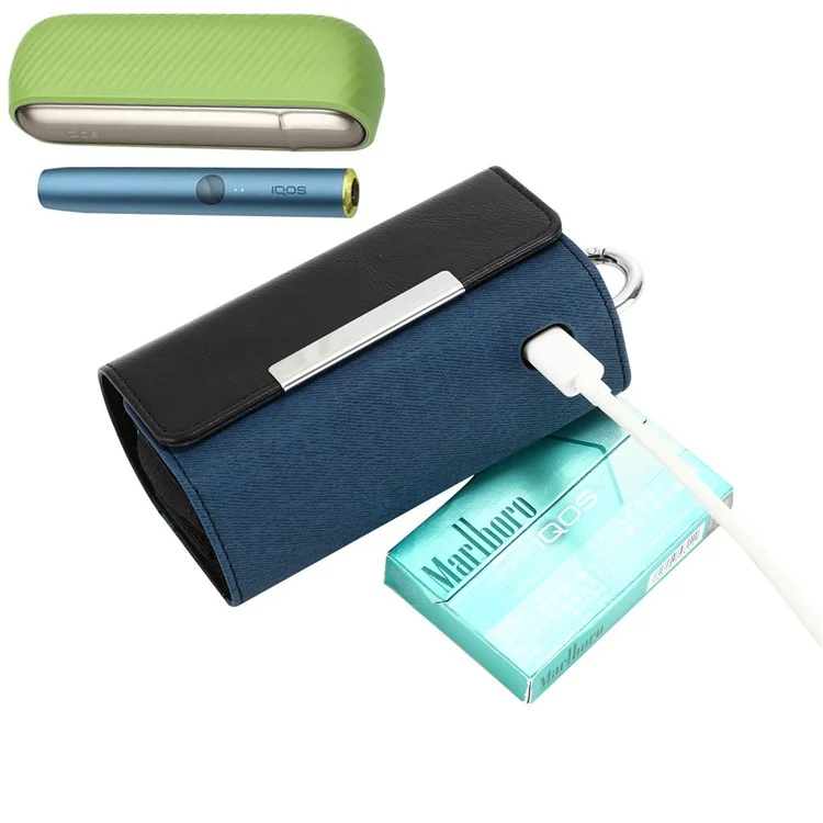 Estuche de almacenamiento para IQOS 3 / Iluma Prime, Funda con tapa para cigarrillos electrónicos - Negro + Faux Cloth Sapphire