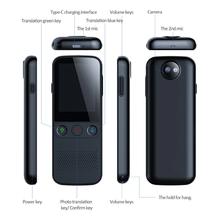 Traductor de voz inteligente T10 PRO con traducción en tiempo real de 14 idiomas, dispositivo de traducción de fotos sin conexión - Negro