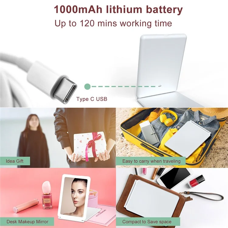 Miroir de maquillage LED portable pliable J17 avec grossissement 3X pour les voyages et le bureau