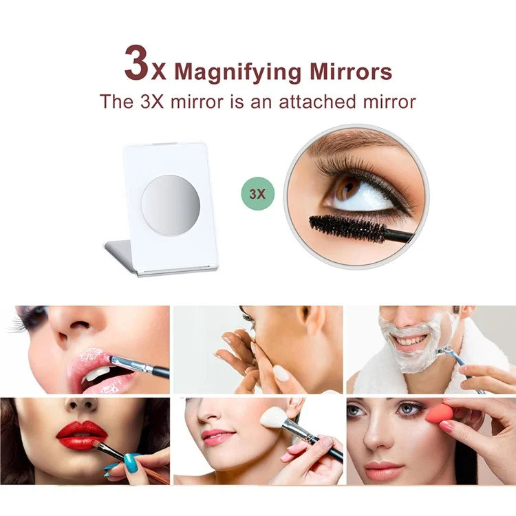 Miroir de maquillage LED portable pliable J17 avec grossissement 3X pour les voyages et le bureau
