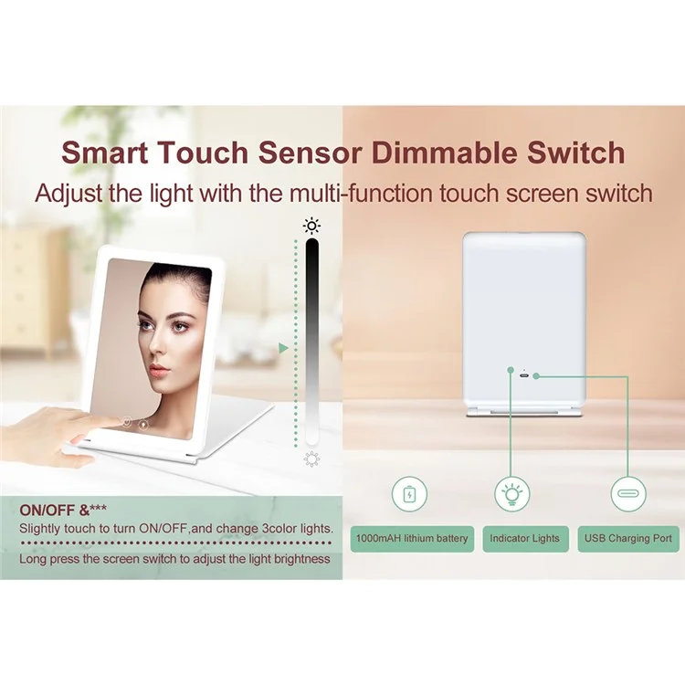Miroir de maquillage LED portable pliable J17 avec grossissement 3X pour les voyages et le bureau