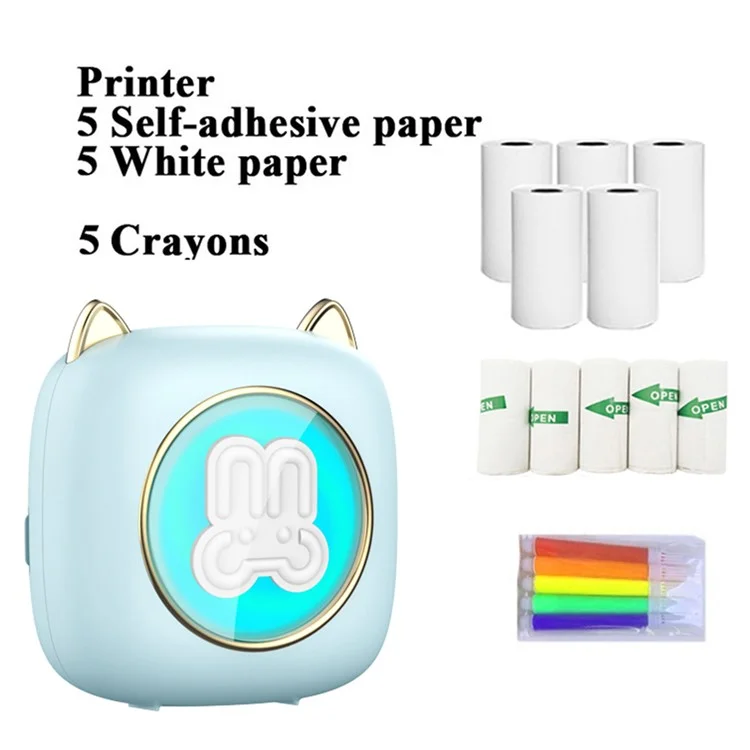 C23 Bluetooth Thermal Printer Wireless Mini Printer with Thermal Paper and Crayon - Blue