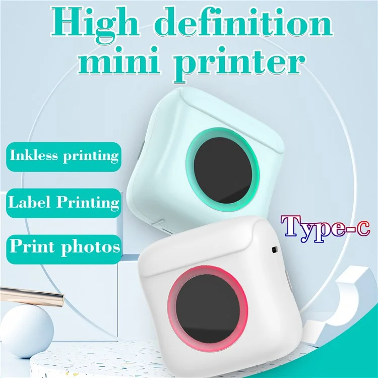 C22 Pocket Printer Bluetooth-compatible Inkless Mini Sticker Printer Colorful Atmosphere Light - Blue