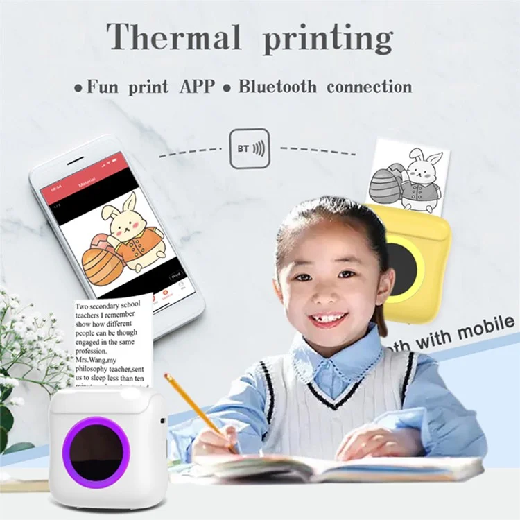 C22 Pocket Printer Bluetooth Inkless Mini Sticker Printer Colorful Atmosphere Light - Blue