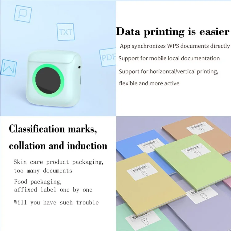 C22 Pocket Printer Bluetooth Inkless Mini Sticker Printer Colorful Atmosphere Light - Blue