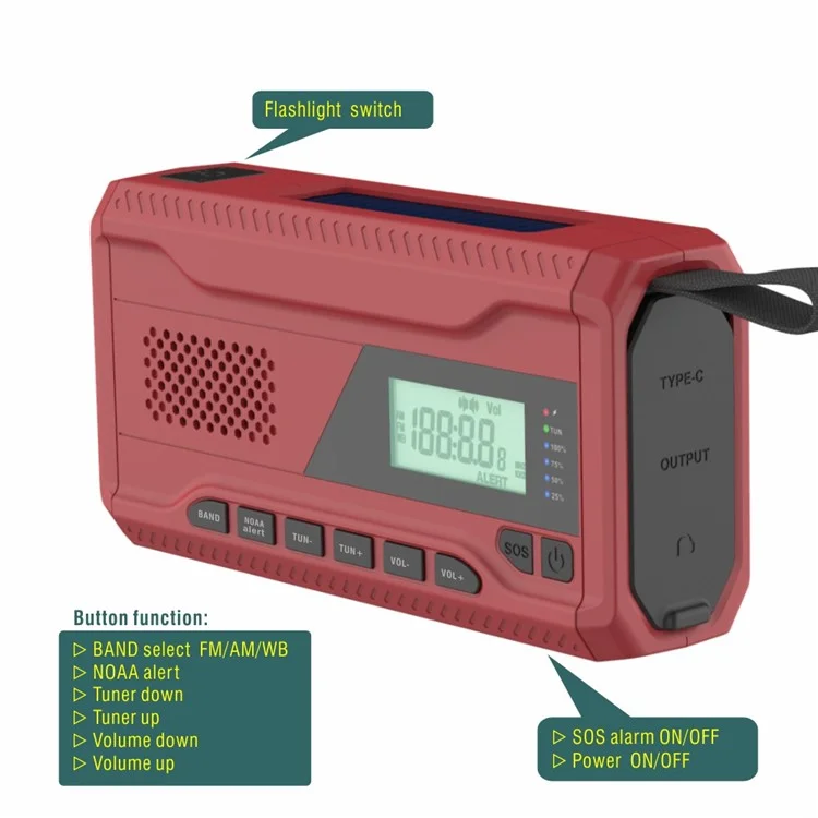 WR-6A SOS Alarm Outdoor Solar Powered Hand Crank Emergency Radio Support FM / AM / WB