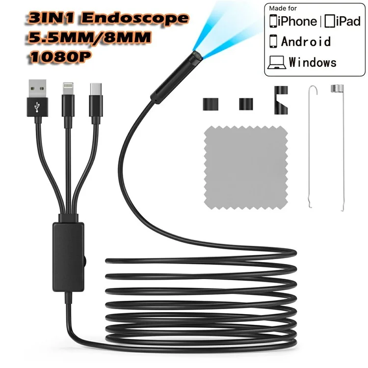 NK-5001Pro 2m Hard Wire 3-in-1 2MP 5.5MM Camera Microscope USB+Type-C+8-Pin Cell Phone Endoscope
