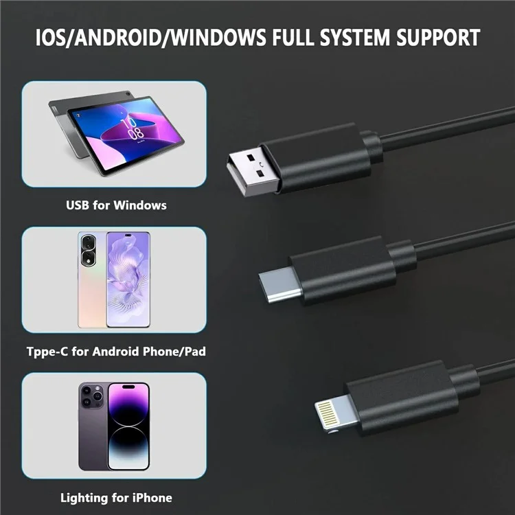 NK-5001Pro 2m Hard Wire 3-in-1 2MP 5.5MM Camera Microscope USB+Type-C+8-Pin Cell Phone Endoscope
