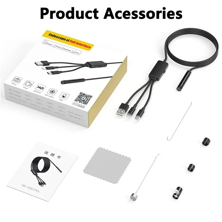 NK-5001Pro 5m Hard Wire Waterproof USB+Type-C+8-Pin Mobile Phone Endoscope 2MP 8MM Camera Microscope