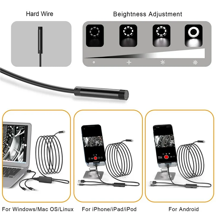 NK-5001Pro 3m Hard Wire Car Inspection 2MP 8MM Camera Microscope USB+Type-C+8-Pin Phone Endoscope
