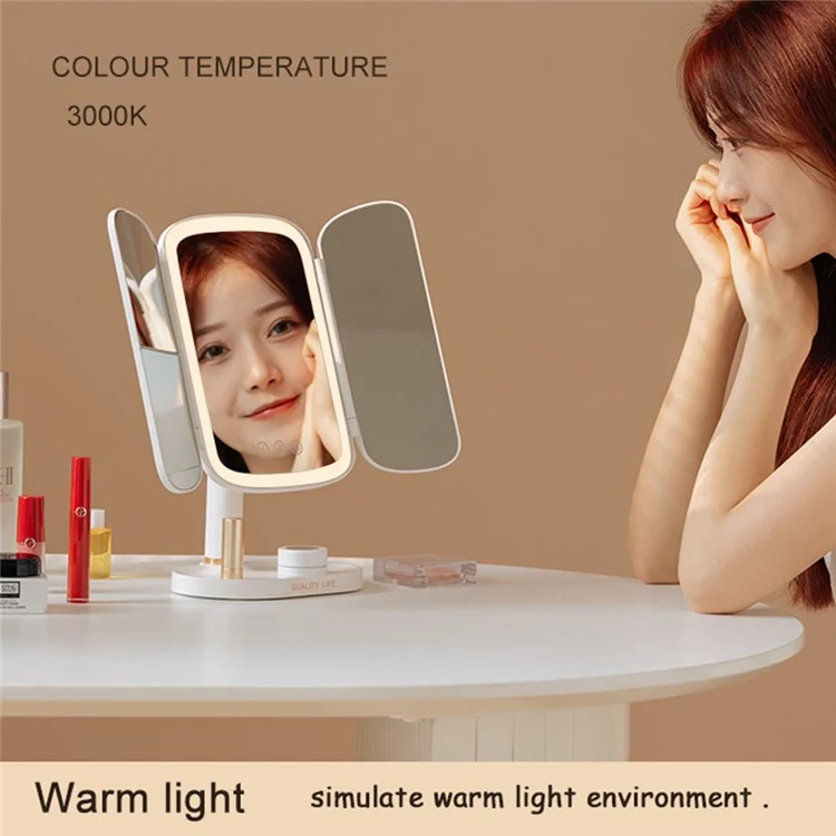 QW-M71 Stepless Dimming LED Light Makeup Mirror Foldable Tabletop Vanity Mirror - Pink