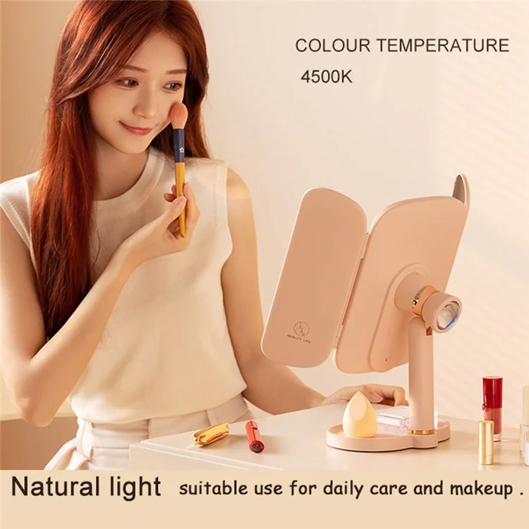 QW-M71 Stepless Dimming LED Light Makeup Mirror Foldable Tabletop Vanity Mirror - Pink