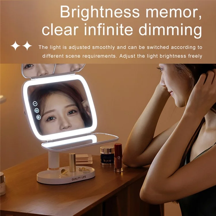 QW-M71 Stepless Dimming LED Light Makeup Mirror Foldable Tabletop Vanity Mirror - Pink