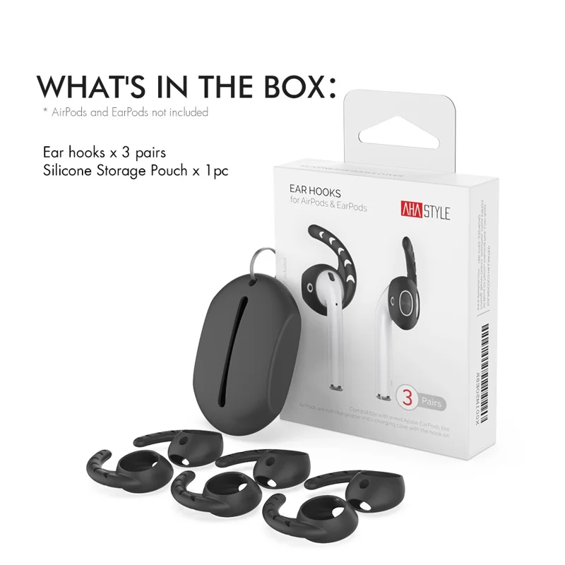 AHASTYLE PT14 for Apple AirPods with Charging Case (2016)  /  (2019)  /  AirPods with Wireless Charging Case (2019) 3 Pairs Ear Cap with Hook - Black