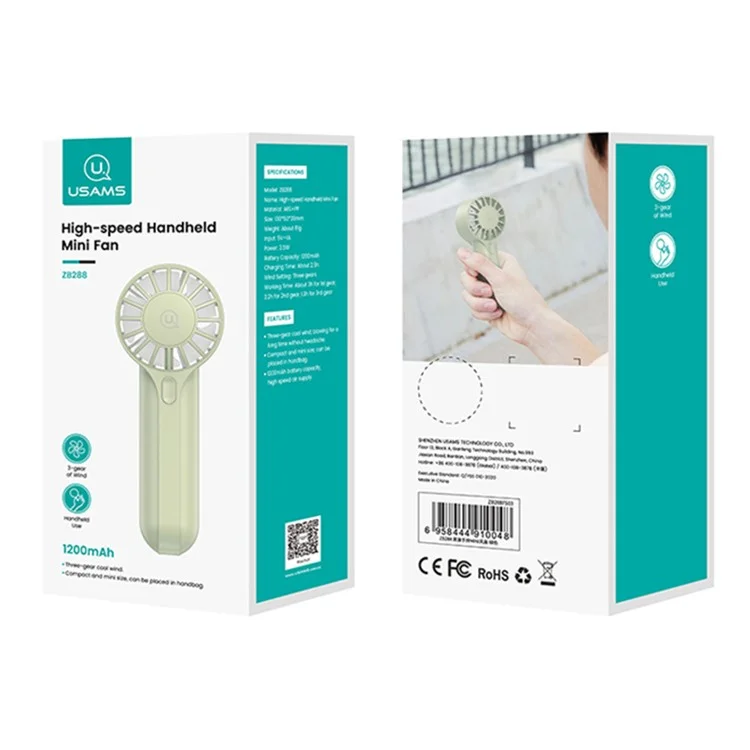 USAMS ZB288 Handheld Fan High Speed Desk Fan USB Recargable Portable Ventilador de Enfriamiento - Verde