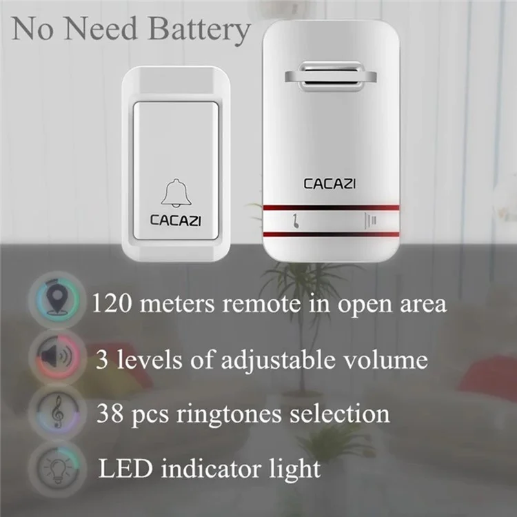 CACAZI V027G 38 sonneries sans fil autogénérées, 1 émetteur + 1 récepteur - Prise US