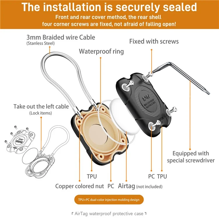 For Airtag Protective Cover Anti-Lost Tracker Protector Anti-Scratch Case with Steel Wire - Black  /  Grey