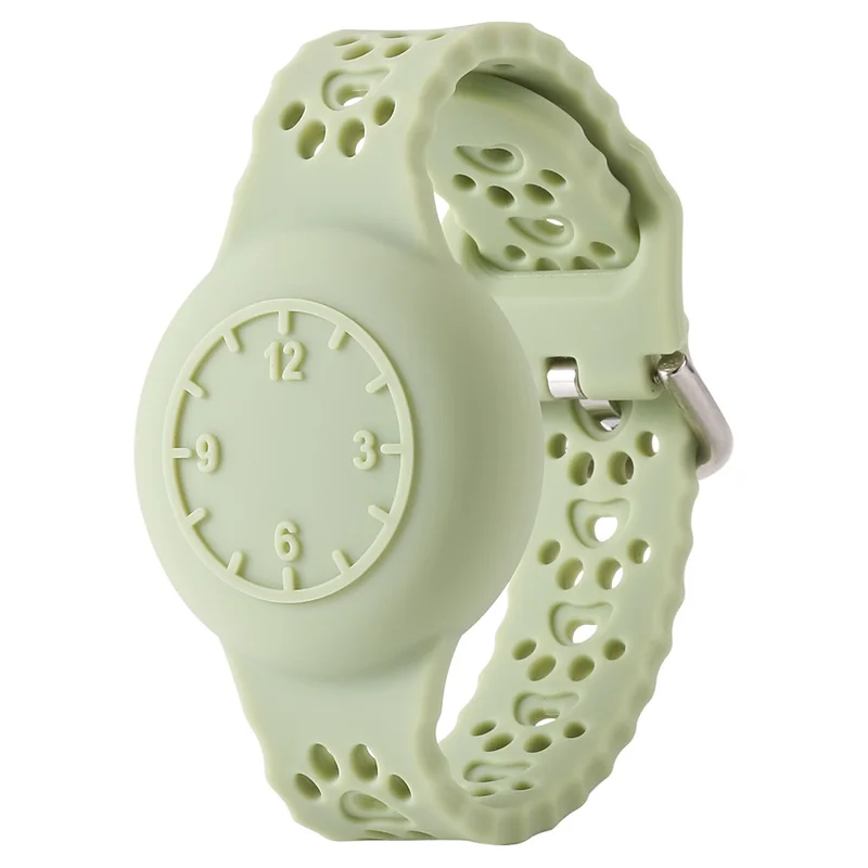 For Apple AirTag Tracker Waterproof Protective Cover Kids Silicone Watch Strap with Clock Numbers - Light Green